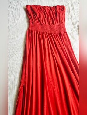 BP. Vibrant Red Strapless Maxi Dress with Smocked Waist